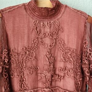 Soft surroundings dress silk embroidery  smocking mock neck/cuffs sheer lined